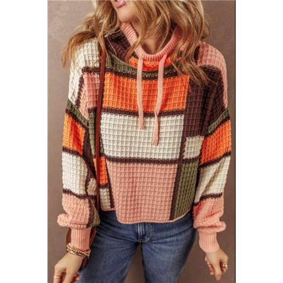 Drawstring Color Block Mock Neck Sweater - Picture 1 of 11